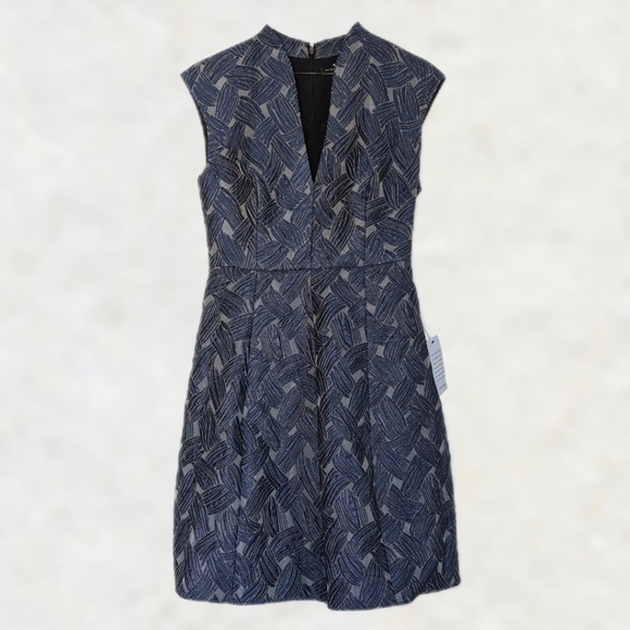 Halston Gray Blue Metallic Tailored Sleeveless Fit Flare Mini Dress V Neck- sz 0 - Picture 2 of 10